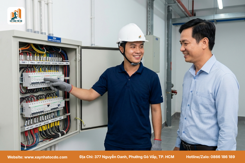  Kỹ sư của Xây Nhà Tốc Độ kiểm tra hệ thống M&E, giải thích hệ thống M&E là gì và vai trò của tủ điện tổng trong tòa nhà.