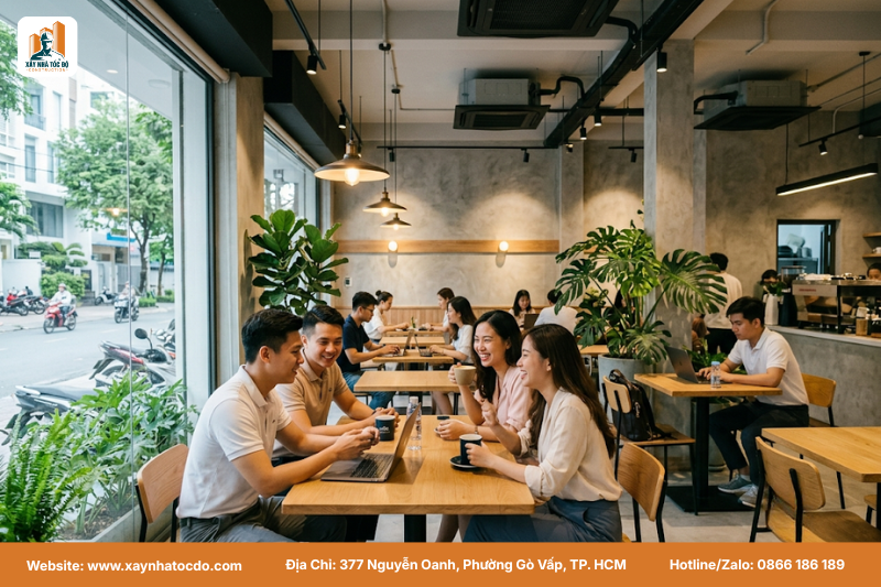 Một quán cafe được cải tạo mặt bằng kinh doanh tp.hcm theo phong cách hiện đại, thu hút nhiều khách hàng trẻ.
