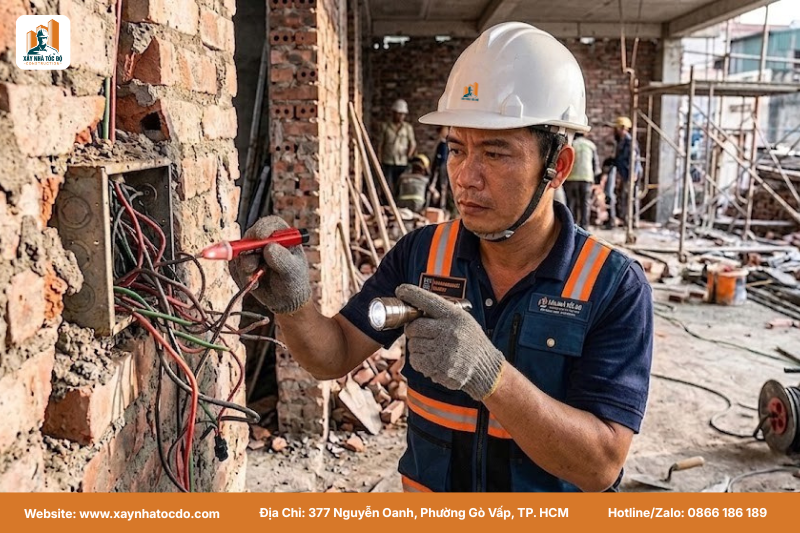 Kỹ sư kiểm tra hệ thống điện cũ trước khi tiến hành cải tạo mặt bằng kinh doanh tp.hcm để đảm bảo an toàn.