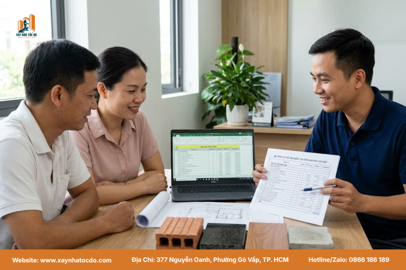 Kỹ sư Xây Nhà Tốc Độ đang trình bày một bảng dự toán chi tiết cho dự án cải tạo cho khách hàng.