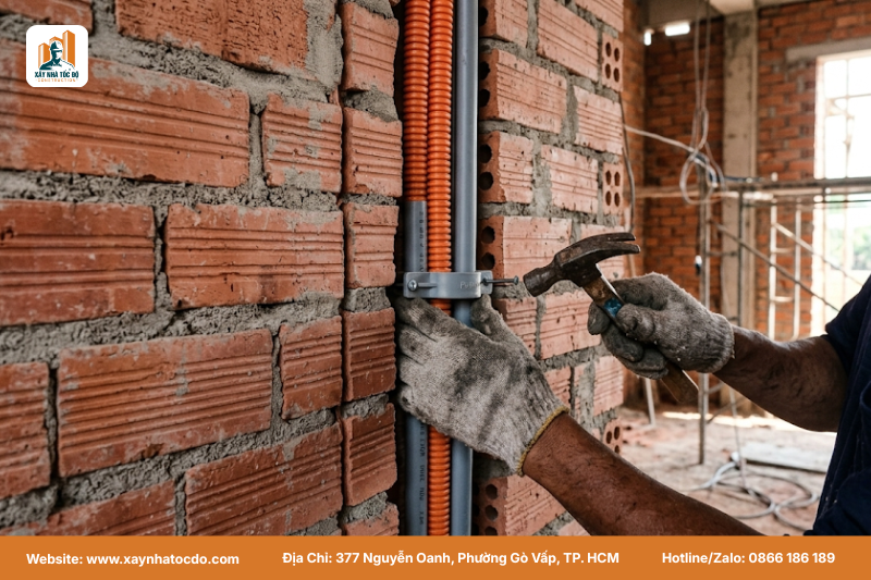 Hệ thống điện nước âm tường được thi công cẩn thận theo dự toán chi tiết cho dự án cải tạo.