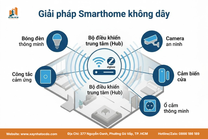 Sơ đồ giải pháp nâng cấp smarthome cho nhà cũ bằng công nghệ không dây Zigbee/Wifi.