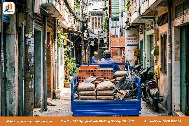 Sử dụng xe ba gác là biện pháp thi công nhà trong hẻm tphcm hiệu quả để vận chuyển vật tư.