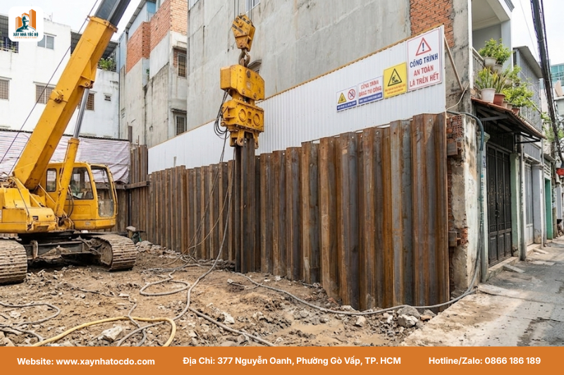 Ép cừ Larsen, biện pháp thi công nhà trong hẻm TP.HCM giúp chống lún cho nhà liền kề.