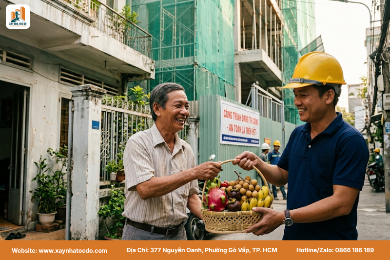 Chỉ huy trưởng trao đổi với hàng xóm, một biện pháp thi công nhà trong hẻm TP.HCM quan trọng.