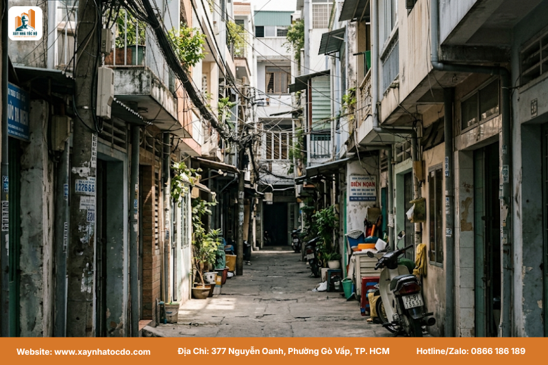 Một con hẻm nhỏ hẹp tại TPHCM, minh họa cho thách thức của biện pháp thi công nhà trong hẻm TP.HCM.