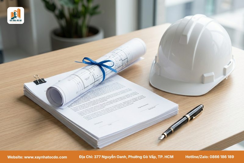 Hình ảnh một bộ hồ sơ đầy đủ giấy tờ và bản vẽ được chuẩn bị kỹ lưỡng cho thủ tục xin phép cải tạo nhà.