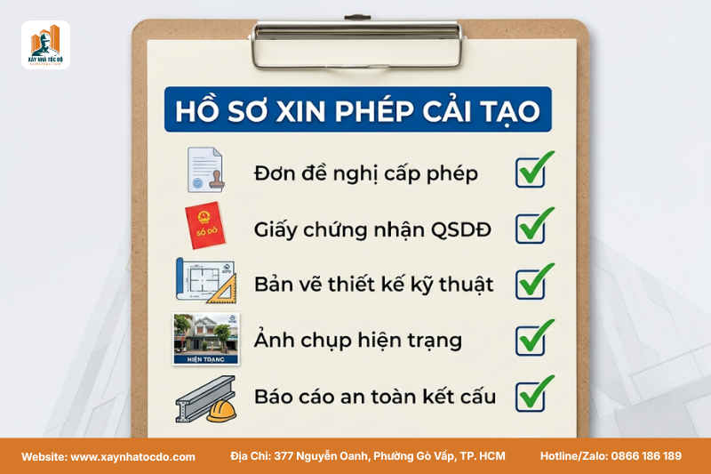 Checklist các giấy tờ cần thiết cho thủ tục xin phép cải tạo nhà được trình bày trực quan.