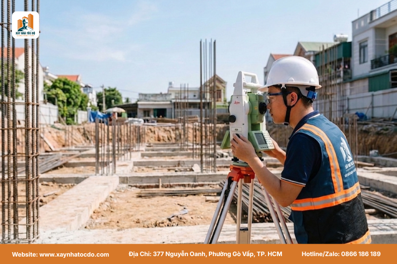 Kỹ sư Xây Nhà Tốc Độ đo đạc định vị tim cột, đảm bảo đúng quy định khoảng lùi xây dựng.