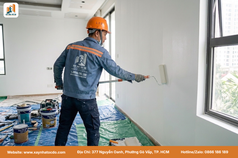 Thợ sơn đang hoàn thiện bề mặt tường, một phần quan trọng trong việc phân bổ ngân sách cải tạo thẩm mỹ.
