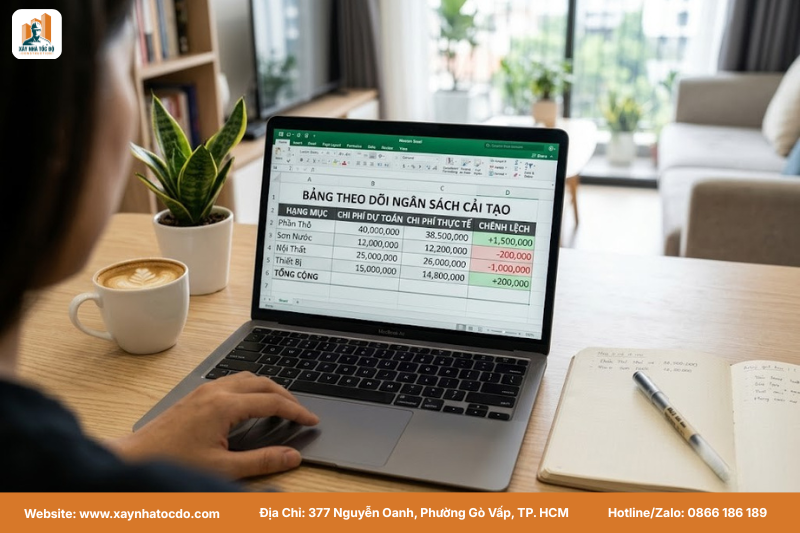 Bảng tính excel theo dõi chi phí, công cụ hữu ích để quản lý và phân bổ ngân sách cải tạo.