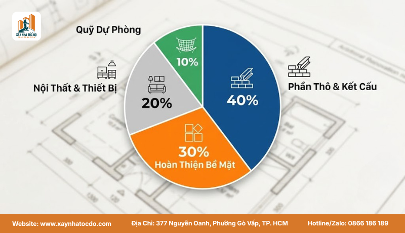 Biểu đồ tròn minh họa cách phân bổ ngân sách cải tạo nhà theo tỷ lệ vàng 40-30-20-10.