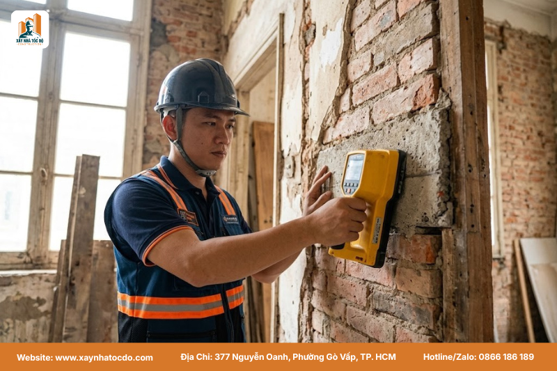 Kỹ sư Xây Nhà Tốc Độ dùng máy chuyên dụng kiểm tra kết cấu tường cũ, ngăn ngừa chi phí cải tạo phát sinh.