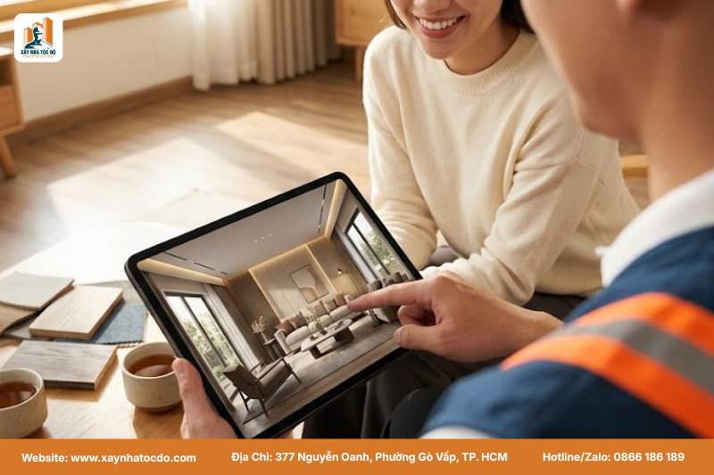 Chủ nhà duyệt bản vẽ 3D trên máy tính bảng cùng kỹ sư, tránh thay đổi gây chi phí cải tạo phát sinh.