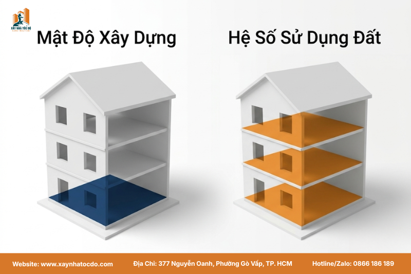 Sơ đồ so sánh trực quan giữa quy định mật độ xây dựng (diện tích tầng trệt) và hệ số sử dụng đất (tổng diện tích sàn các tầng).