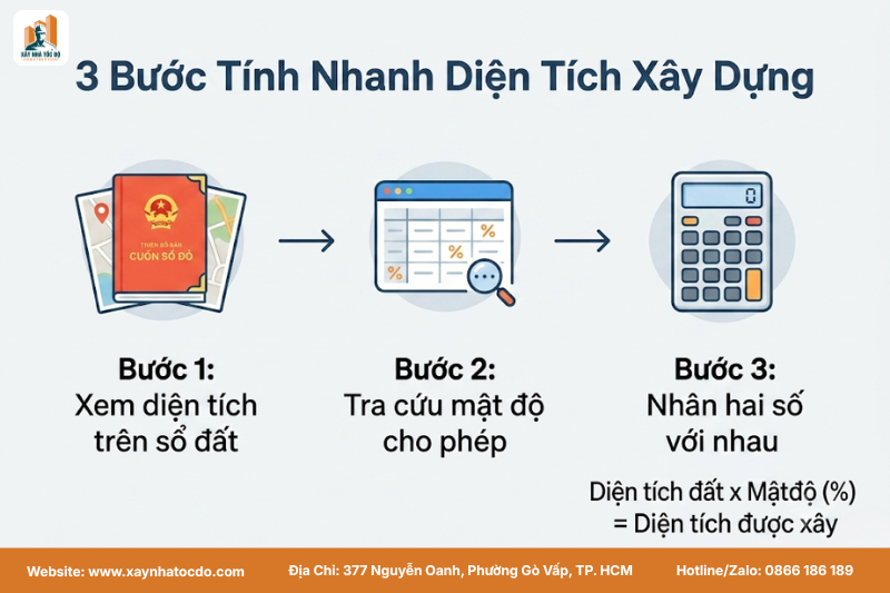 Infographic tóm tắt 3 bước đơn giản để tính diện tích xây dựng tối đa dựa trên quy định mật độ xây dựng và diện tích lô đất.