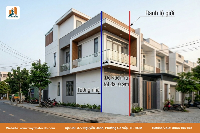 Hình ảnh minh họa độ vươn ra cho phép của ban công theo quy định mật độ xây dựng, giúp tối ưu không gian mà không vi phạm.