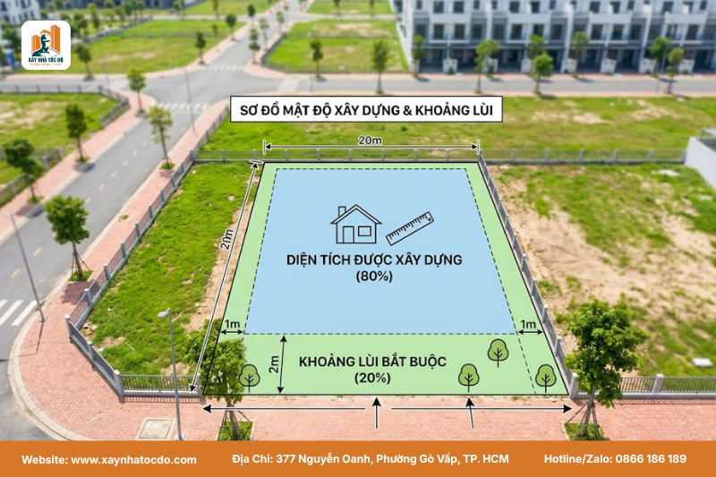 Sơ đồ minh họa cách áp dụng quy định mật độ xây dựng cho một lô đất nhà phố, thể hiện rõ diện tích xây dựng và khoảng lùi bắt buộc.