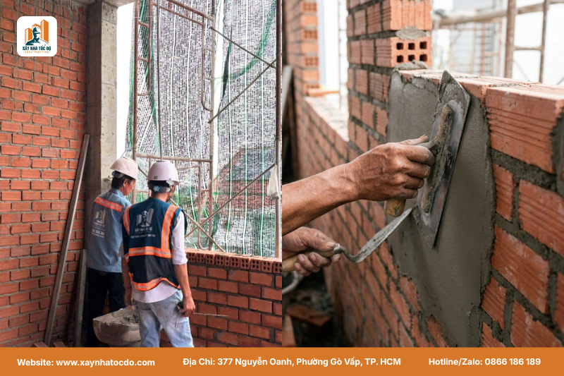 Thợ xây đang tô trát tường, một hạng mục quan trọng trong báo giá sửa nhà trọn gói phần thô.