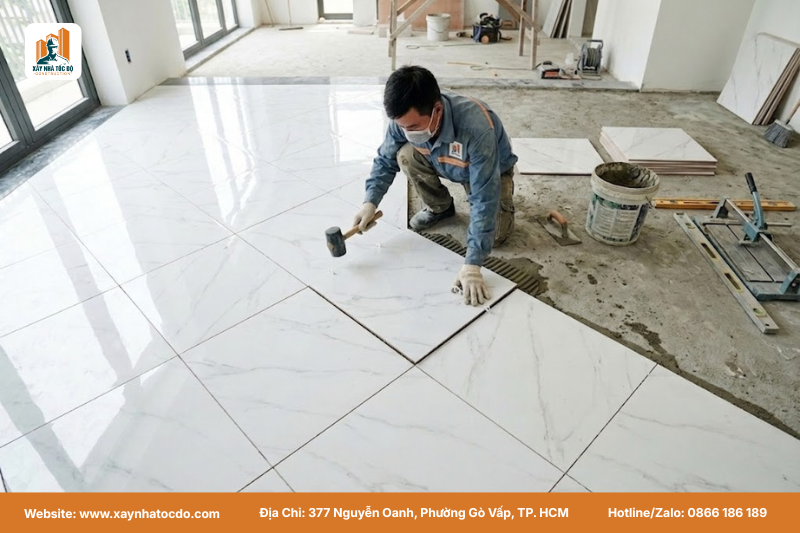 Công đoạn ốp lát gạch sàn trong phần hoàn thiện của báo giá sửa nhà trọn gói.