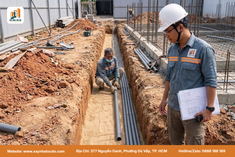 Kỹ sư giám sát cách thi công lắp đặt cáp điện ngầm trong ống bảo vệ chuyên dụng.