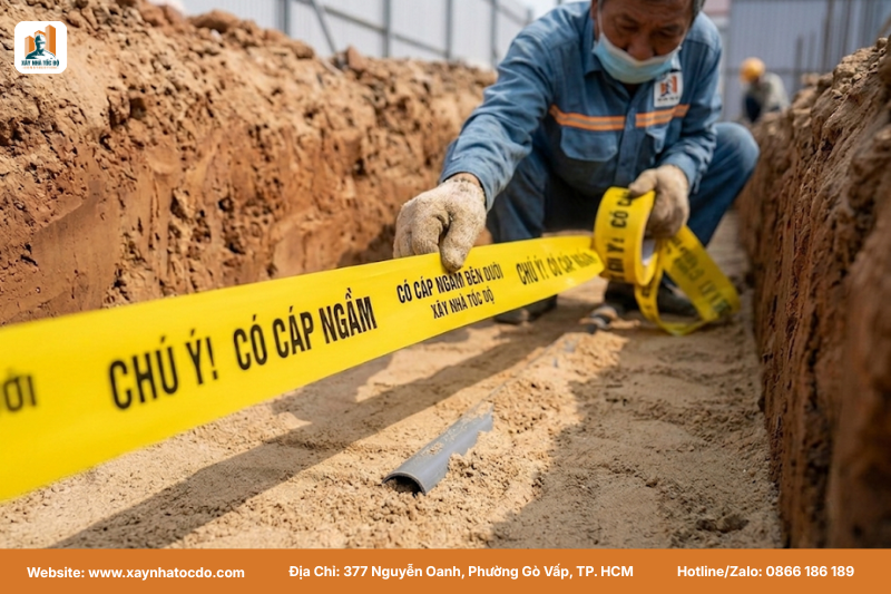 Băng báo hiệu màu vàng được đặt đúng vị trí trong cách thi công lắp đặt cáp điện ngầm.