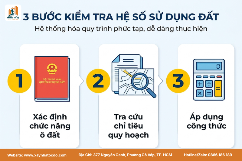 Infographic tóm tắt kinh nghiệm kiểm tra hệ số sử dụng đất khi xin giấy phép xây dựng.