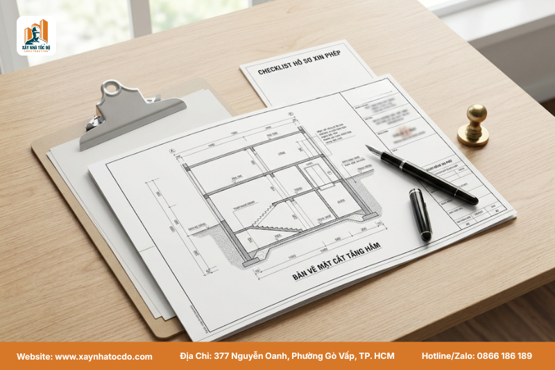 Hồ sơ xin phép xây dựng đầy đủ, tuân thủ quy định tầng hầm nhà phố, được Xây Nhà Tốc Độ chuẩn bị.