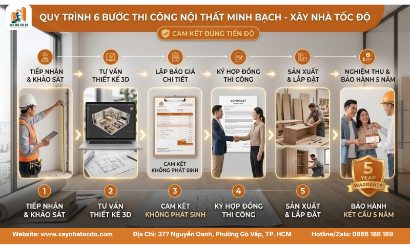 Quy trình 6 bước minh bạch giúp anh chị kiểm soát dự án dễ dàng.