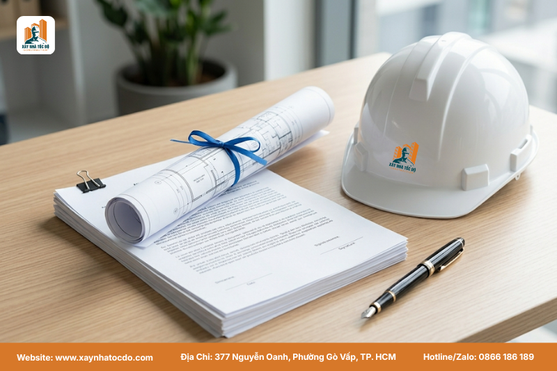 Hình ảnh một bộ hồ sơ đầy đủ giấy tờ và bản vẽ được chuẩn bị kỹ lưỡng cho thủ tục xin phép cải tạo nhà.