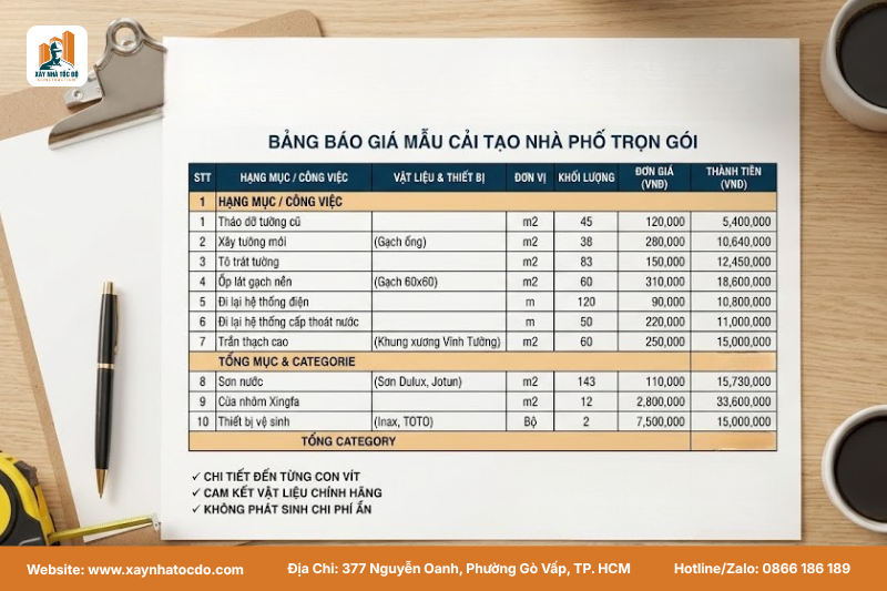 Một bảng báo giá mẫu chi tiết, minh bạch từng hạng mục.