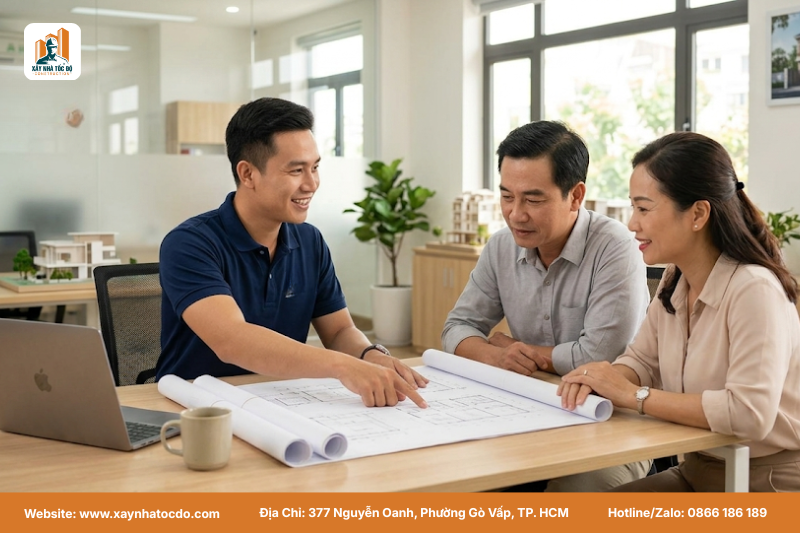 Đội ngũ kỹ sư Xây Nhà Tốc Độ đang thực hiện tư vấn pháp lý xây nhà thô cho khách hàng tại TP.HCM.