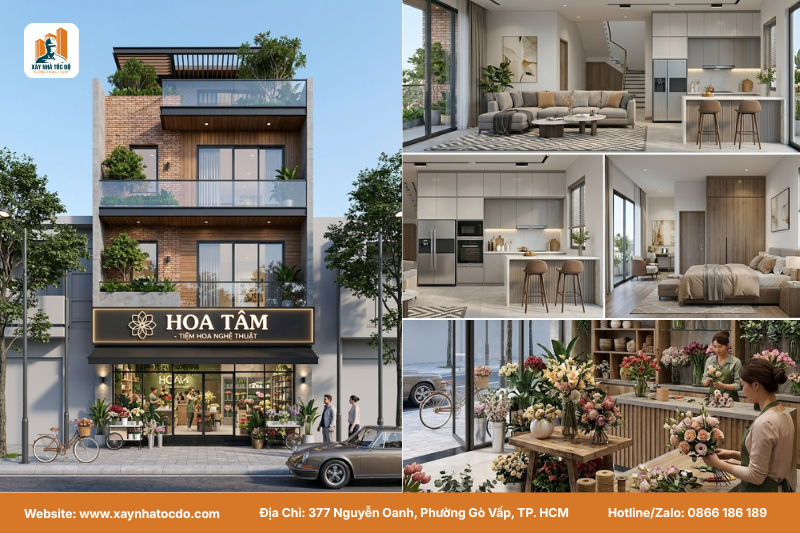 Phối cảnh 3D mẫu thiết kế nhà ở kết hợp kinh doanh với không gian mở linh hoạt cho quán cà phê.
