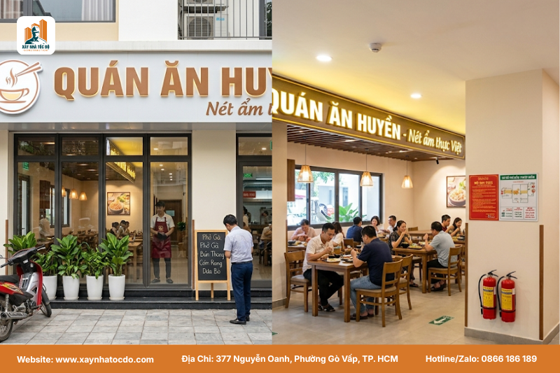 Nội thất quán ăn trong nhà ở kết hợp kinh doanh, tuân thủ tiêu chuẩn PCCC với lối thoát hiểm rõ ràng.