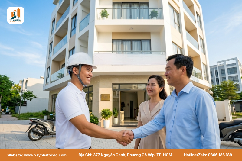 Tòa nhà căn hộ dịch vụ hiện đại được bàn giao đúng tiến độ nhờ dịch vụ xây CHDV trọn gói TP.HCM.