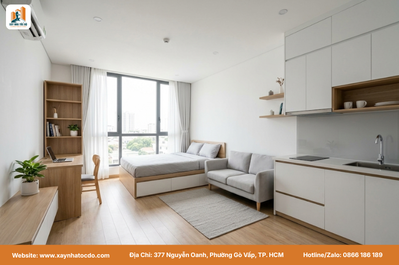 Thiết kế nội thất thông minh khi xây chdv trọn gói TP.HCM, tối ưu không gian và ánh sáng.