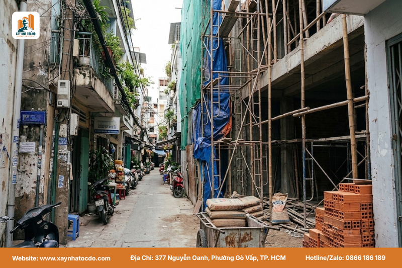 Điều kiện thi công trong hẻm nhỏ ảnh hưởng đến đơn giá xây căn hộ dịch vụ TP.HCM