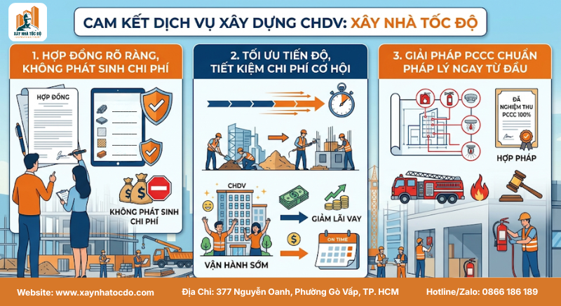 Đội ngũ kỹ sư đảm bảo đơn giá xây căn hộ dịch vụ TP.HCM không phát sinh và đúng tiến độ.