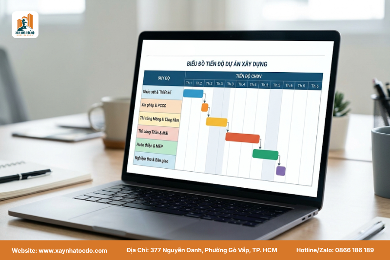 Biểu đồ tiến độ thi công giúp dự toán đơn giá xây căn hộ dịch vụ TP.HCM và thời gian hoàn thành dự án.