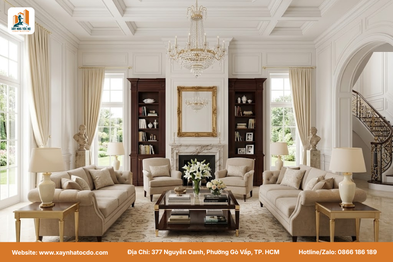 Mẫu phòng khách trong bộ sưu tập nội thất nhà phố phong cách tân cổ điển với sofa bề thế và đèn chùm pha lê.