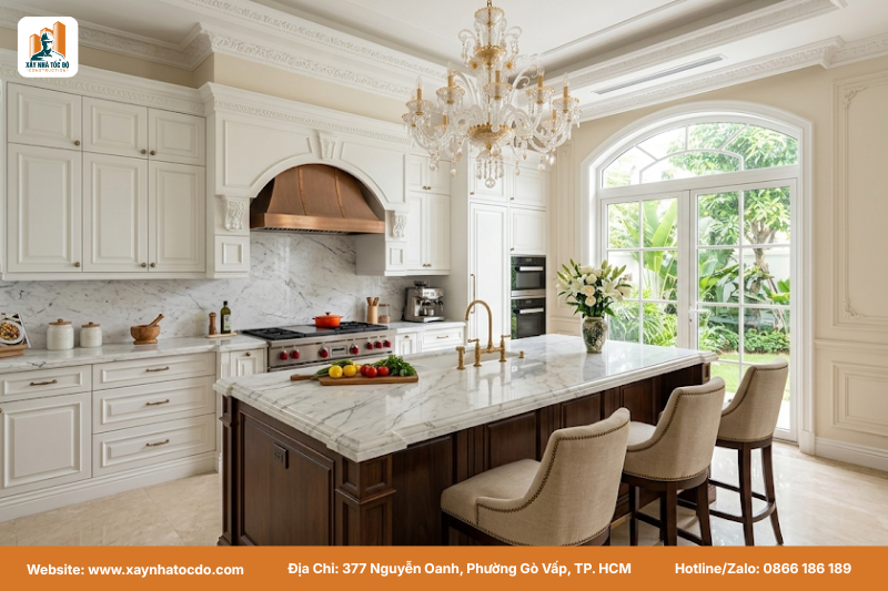 Khu vực bếp và bàn ăn thuộc mẫu nội thất nhà phố phong cách tân cổ điển với tủ bếp màu trắng thanh lịch.