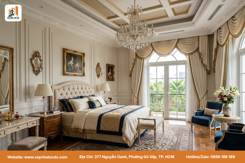 Phòng ngủ master trong dự án nội thất nhà phố phong cách tân cổ điển với giường ngủ bọc nệm cao cấp.