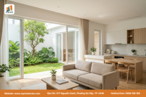 Mẫu thiết kế nhà phố vùng ven hiện đại với không gian mở, phòng khách liền bếp và cửa kính lớn nhìn ra sân vườn.
