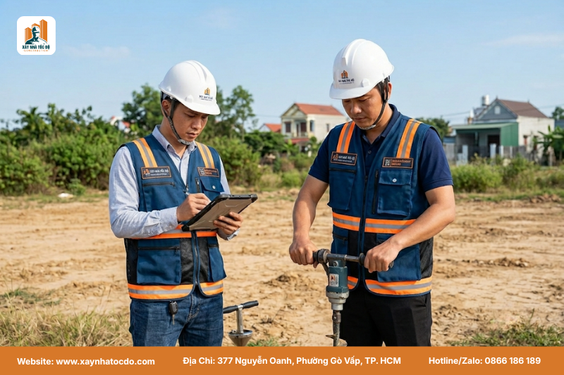 Kỹ sư của Xây Nhà Tốc Độ đang khảo sát địa chất để chuẩn bị xây nhà phố vùng ven.