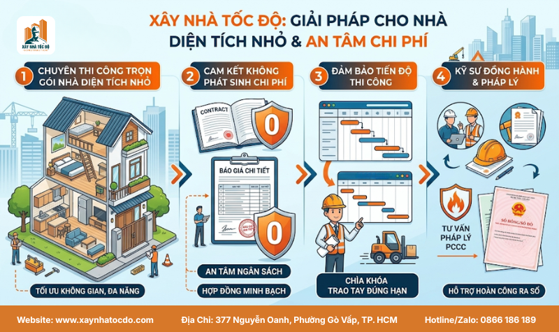 Đội ngũ kỹ sư Xây Nhà Tốc Độ cam kết không phát sinh chi phí khi xây nhà diện tích nhỏ.