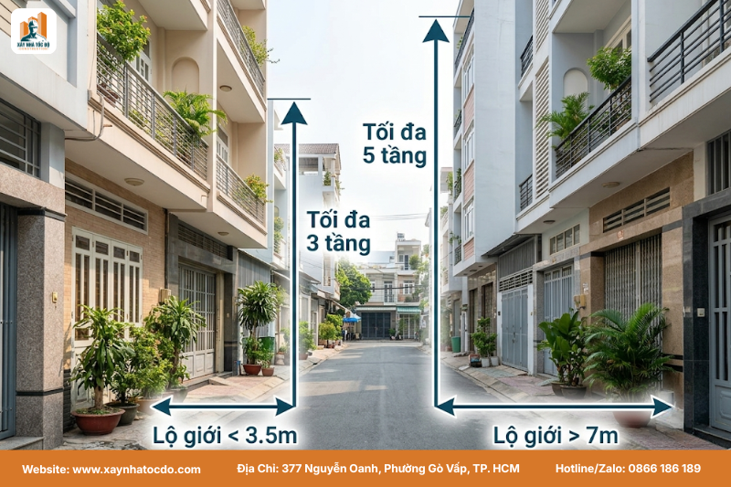 Minh họa chiều rộng hẻm ảnh hưởng đến số tầng được cấp phép khi xây nhà diện tích nhỏ.