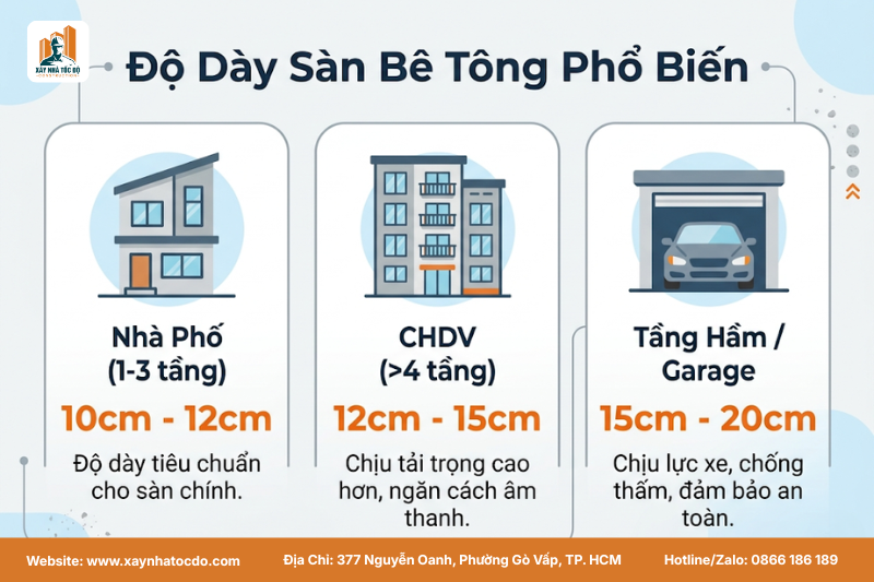 Infographic so sánh độ dày sàn bê tông cho nhà phố, nhà trọ và tầng hầm.