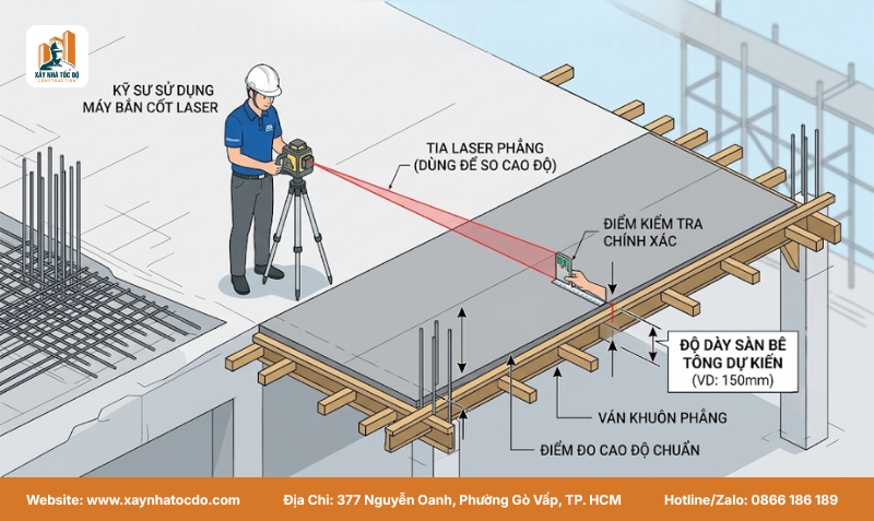 Kỹ sư dùng máy laser kiểm tra cao độ coppha để xác định độ dày sàn bê tông.