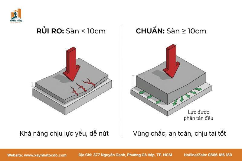 Mô hình 3D thể hiện khả năng chịu lực của sàn khi có độ dày sàn bê tông đạt chuẩn, đảm bảo an toàn tuyệt đối.