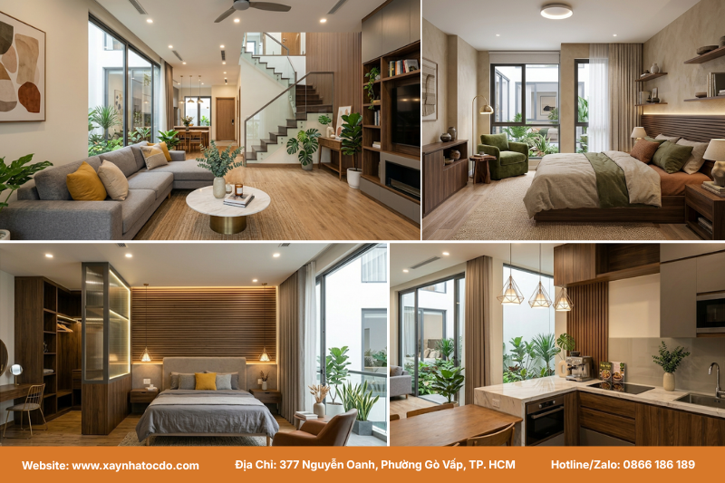 Mẫu nội thất nhà phố hiện đại 2 tầng phong cách Hiện đại với phòng khách, bếp và phòng ngủ.